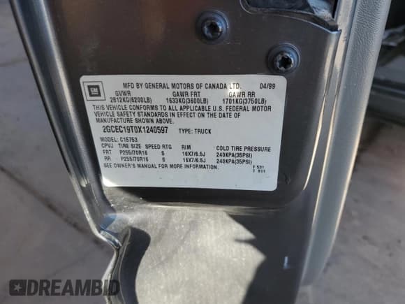 ✅ 1999 Chevrolet Silverado 1500 LS • VIN: 2GCEC19T0X1240597 • Лот: 69139844. Опубликован ранее на Copart с пробегом 190 352 миль. Бесплатный доступ к архиву аукционных продаж из США и подробный отчёт об истории автомобиля на DreamBid. Изображение 14.