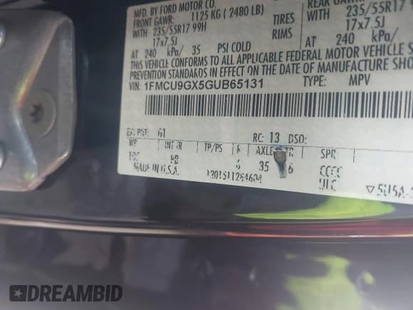 ✅ 2016 Ford Escape SE • VIN: 1FMCU9GX5GUB65131 • Лот: 43816427. Опубликован ранее на IAAI с пробегом 125 827 миль. Бесплатный доступ к архиву аукционных продаж из США и подробный отчёт об истории автомобиля на DreamBid. Изображение 9.