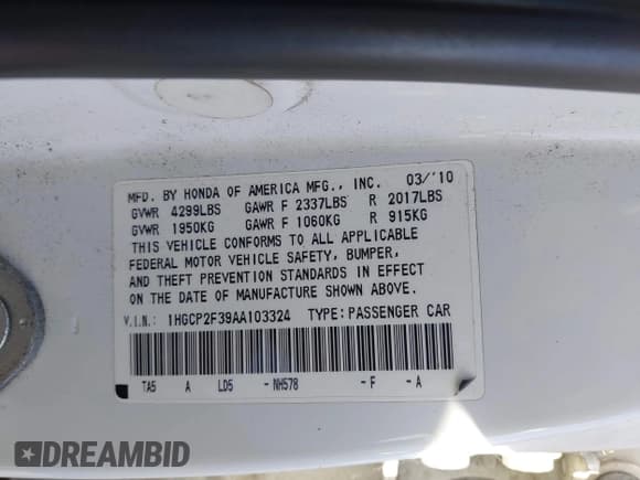 ✅ 2010 Honda Accord LX • VIN: 1HGCP2F39AA103324 • Lot: 43834119. Listed on IAAI with 145,472 mi. Free auction sales archive from the USA and detailed vehicle history report at DreamBid. Image 9.