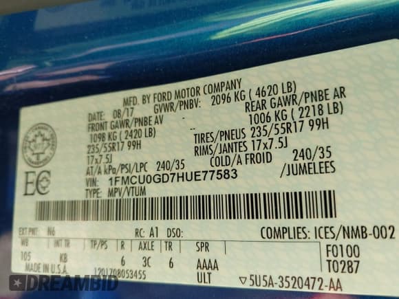 ✅ 2017 Ford Escape SE • VIN: 1FMCU0GD7HUE77583 • Лот: 43035853. Опубликован ранее на IAAI с пробегом 70 398 миль. Бесплатный доступ к архиву аукционных продаж из США и подробный отчёт об истории автомобиля на DreamBid. Изображение 9.
