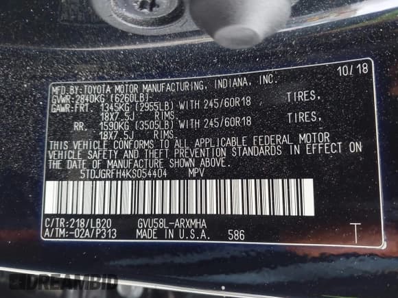 ✅ 2019 Toyota Highlander Hybrid XLE • VIN: 5TDJGRFH4KS054404 • Lot: 42790024. Wystawiony na IAAI z przebiegiem 218 194 mil. Bezpłatny archiwum sprzedaży aukcyjnych z USA i szczegółowy raport historii pojazdu na DreamBid. Zdjęcie 9.