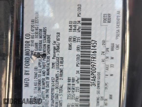 ✅ 2015 Ford Fusion Titanium • VIN: 3FA6P0D97FR161457 • Lot: 82297095. Listed on Copart with 65,565 mi. Free auction sales archive from the USA and detailed vehicle history report at DreamBid. Image 12.