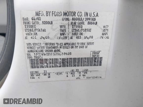 ✅ 2002 Ford F-250 XL • VIN: 1FTNW21F52EC59625 • Lot: 42315002. Listed on IAAI with 367,625 mi. Free auction sales archive from the USA and detailed vehicle history report at DreamBid. Image 9.