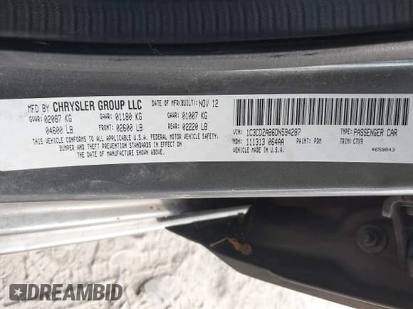 ✅ 2013 Dodge Avenger SE • VIN: 1C3CDZAB6DN594287 • Lot: 43278069. Listed on IAAI with 145,284 mi. Free auction sales archive from the USA and detailed vehicle history report at DreamBid. Image 9.