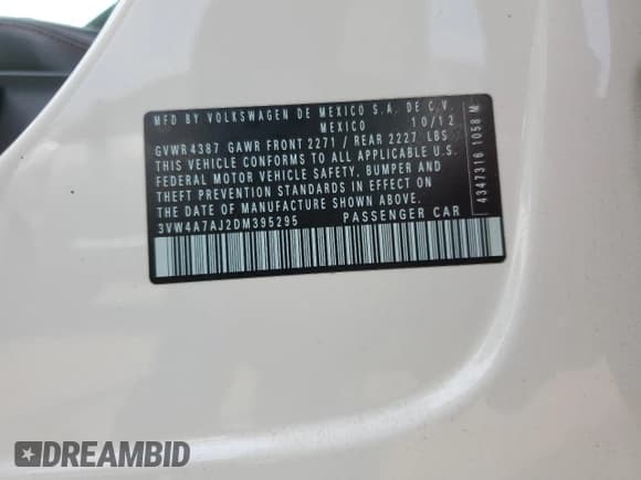 ✅ 2013 Volkswagen Jetta Autobahn • VIN: 3VW4A7AJ2DM395295 • Lot: 60647345. Listed on Copart with 198,802 mi. Free auction sales archive from the USA and detailed vehicle history report at DreamBid. Image 12.