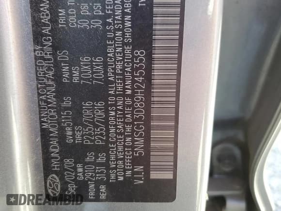 ✅ 2009 Hyundai Santa Fe GLS • VIN: 5NMSG13D89H245358 • Lot: 82548894. Listed on Copart with 201,704 mi. Free auction sales archive from the USA and detailed vehicle history report at DreamBid. Image 13.