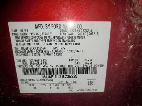 ✅ 2018 Ford EcoSport SE • VIN: MAJ6P1ULXJC236550 • Lot: 93410485. Listed on Copart with 75,754 mi. Free auction sales archive from the USA and detailed vehicle history report at DreamBid. Image 13.