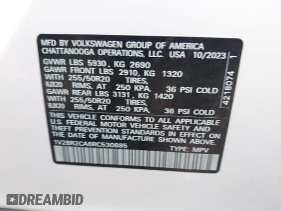 ✅ 2024 Volkswagen Atlas SEL • VIN: 1V2BR2CA6RC530885 • Лот: 41757951. Опубликован ранее на IAAI с пробегом 20 419 миль. Бесплатный доступ к архиву аукционных продаж из США и подробный отчёт об истории автомобиля на DreamBid. Изображение 9.