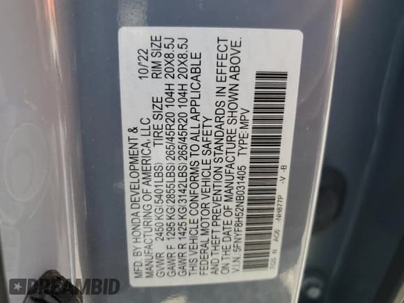 ✅ 2022 Honda Passport EX-L • VIN: 5FNYF8H52NB031405 • Lot: 57150355. Listed on Copart with 55,152 mi. Free auction sales archive from the USA and detailed vehicle history report at DreamBid. Image 14.