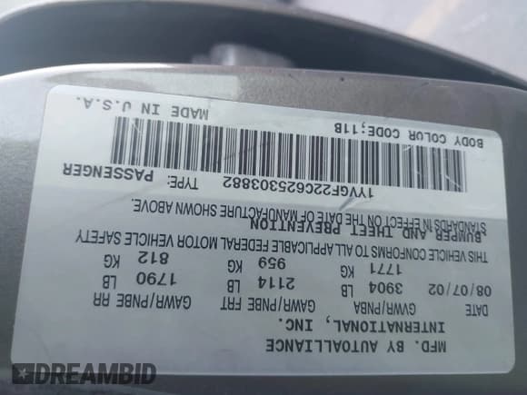 ✅ 2002 Mazda 626 LX • VIN: 1YVGF22C625303882 • Lot: 42696726. Listed on IAAI with 243,982 mi. Free auction sales archive from the USA and detailed vehicle history report at DreamBid. Image 9.