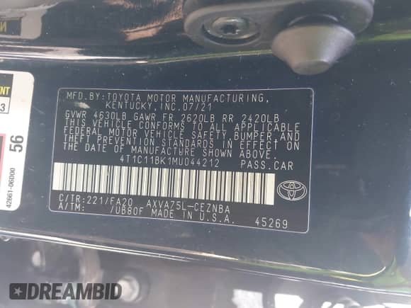 2021 Toyota Camry LE с VIN 4T1C11BK1MU044212, выставлен на аукционе IAAI как лот 42133279 с пробегом 48 591 миль миль и . История ставок и продаж доступна на DreamBid. Изображение 9.
