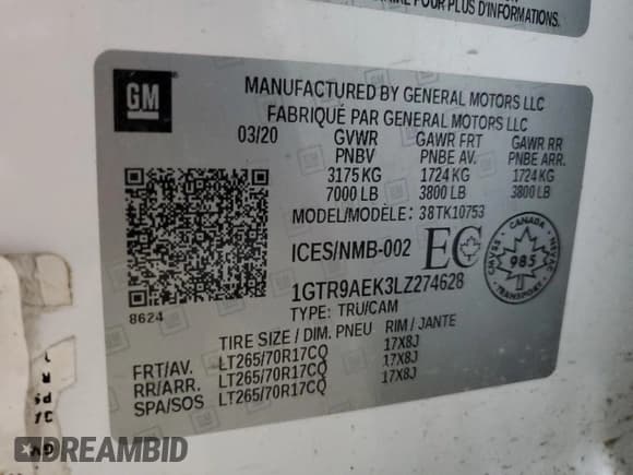 ✅ 2020 GMC Sierra 1500 • VIN: 1GTR9AEK3LZ274628 • Лот: 54250305. Опубликован ранее на Copart с пробегом 108 887 миль. Бесплатный доступ к архиву аукционных продаж из США и подробный отчёт об истории автомобиля на DreamBid. Изображение 12.