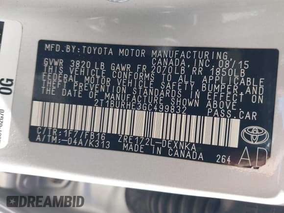 ✅ 2016 Toyota Corolla L • VIN: 2T1BURHE3GC499832 • Лот: 43337391. Опубликован ранее на IAAI с пробегом 106 512 миль. Бесплатный доступ к архиву аукционных продаж из США и подробный отчёт об истории автомобиля на DreamBid. Изображение 9.