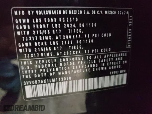 ✅ 2020 Volkswagen Tiguan S • VIN: 3VV0B7AX1LM113070 • Лот: 84751065. Опубликован ранее на Copart с пробегом 55 754 миль. Бесплатный доступ к архиву аукционных продаж из США и подробный отчёт об истории автомобиля на DreamBid. Изображение 14.