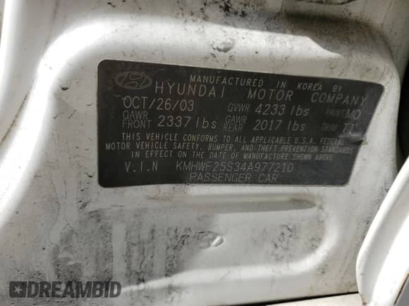 2004 Hyundai Sonata with VIN KMHWF25S34A977210, listed as a Copart auction lot 50971215 with 187,268 mi miles and Salvage title. Bid and sale history available at DreamBid. Image 14.