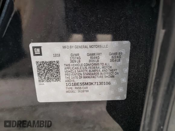 ✅ 2019 Chevrolet Cruze LT • VIN: 1G1BE5SM3K7130106 • Lot: 72475072. Listed on Copart with 50,251 mi. Free auction sales archive from the USA and detailed vehicle history report at DreamBid. Image 14.