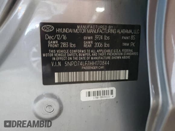 ✅ 2017 Hyundai Elantra SE • VIN: 5NPD74LF7HH170844 • Lot: 86070205. Listed on Copart with 96,153 mi. Free auction sales archive from the USA and detailed vehicle history report at DreamBid. Image 12.