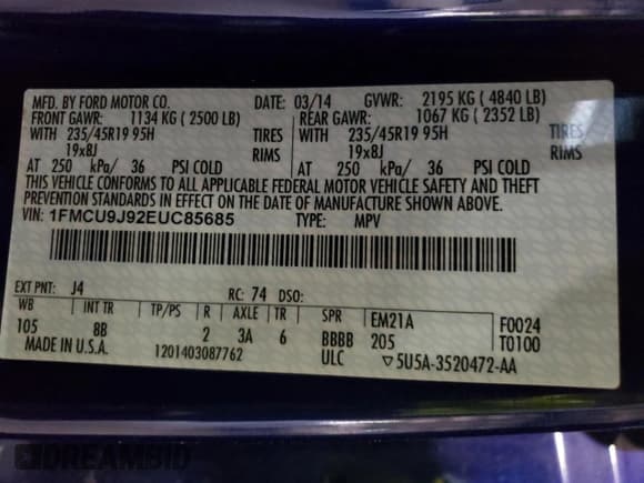 ✅ 2014 Ford Escape Titanium • VIN: 1FMCU9J92EUC85685 • Lot: 54551634. Listed on Copart with 91,823 mi. Free auction sales archive from the USA and detailed vehicle history report at DreamBid. Image 14.