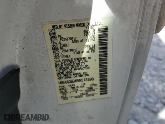 ✅ 2005 Nissan Titan SE • VIN: 1N6AA06B65N513898 • Lot: 54725925. Listed on Copart with 178,096 mi. Free auction sales archive from the USA and detailed vehicle history report at DreamBid. Image 12.