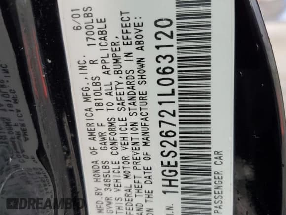 ✅ 2001 Honda Civic EX • VIN: 1HGES26721L063120 • Lot: 92315035. Listed on Copart with 156,105 mi. Free auction sales archive from the USA and detailed vehicle history report at DreamBid. Image 12.