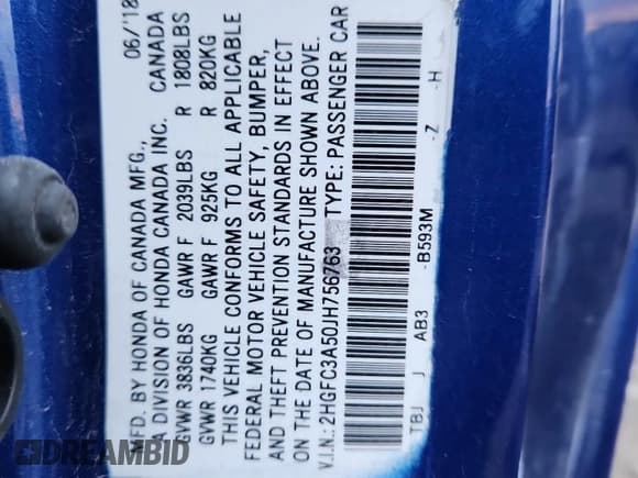 ✅ 2018 Honda Civic Si • VIN: 2HGFC3A50JH756763 • Лот: 92454145. Опубликован ранее на Copart с пробегом 48 431 миль. Бесплатный доступ к архиву аукционных продаж из США и подробный отчёт об истории автомобиля на DreamBid. Изображение 13.