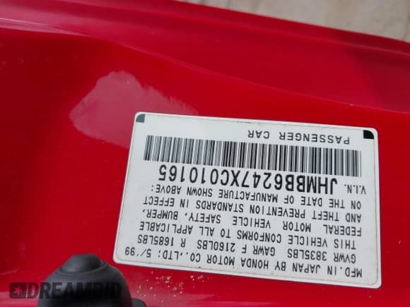 ✅ 1999 Honda Prelude • VIN: JHMBB6247XC010165 • Lot: 43003598. Listed on IAAI with 134,683 mi. Free auction sales archive from the USA and detailed vehicle history report at DreamBid. Image 9.