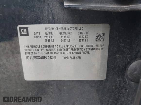 2013 Chevrolet Malibu LTZ with VIN 1G11J5SX4DF244299, listed as a IAAI auction lot 42092473 with 153,710 mi miles and . Bid and sale history available at DreamBid. Image 9.