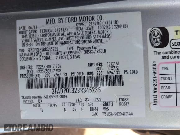 ✅ 2011 Ford Fusion Hybrid • VIN: 3FADP0L32BR345235 • Lot: 42322127. Listed on IAAI with 120,968 mi. Free auction sales archive from the USA and detailed vehicle history report at DreamBid. Image 9.