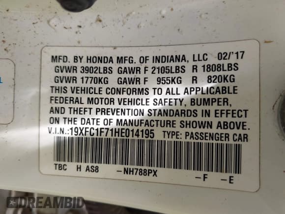 ✅ 2017 Honda Civic EX-L • VIN: 19XFC1F71HE014195 • Lot: 42377598. Listed on IAAI with 165,600 mi. Free auction sales archive from the USA and detailed vehicle history report at DreamBid. Image 9.