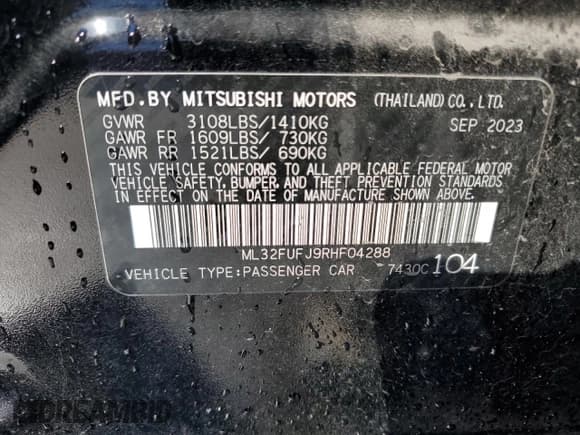 ✅ 2024 Mitsubishi Mirage ES • VIN: ML32FUFJ9RHF04288 • Lot: 90732495. Listed on Copart with Not provided. Free auction sales archive from the USA and detailed vehicle history report at DreamBid. Image 12.