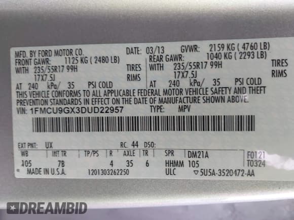 ✅ 2013 Ford Escape SE • VIN: 1FMCU9GX3DUD22957 • Lot: 43739584. Listed on IAAI with 115,517 mi. Free auction sales archive from the USA and detailed vehicle history report at DreamBid. Image 9.