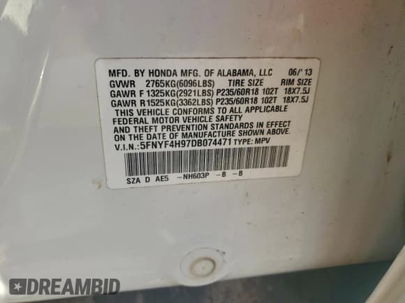 ✅ 2013 Honda Pilot Touring • VIN: 5FNYF4H97DB074471 • Lot: 93728395. Wystawiony na Copart z przebiegiem 205 737 mil. Bezpłatny archiwum sprzedaży aukcyjnych z USA i szczegółowy raport historii pojazdu na DreamBid. Zdjęcie 13.