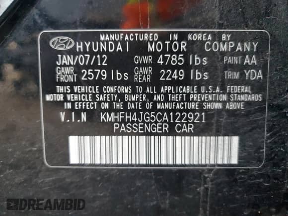2012 Hyundai Azera with VIN KMHFH4JG5CA122921, listed as a Copart auction lot 86090934 with 95,262 mi miles and Salvage title. Bid and sale history available at DreamBid. Image 12.