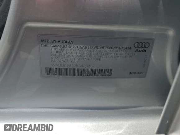 ✅ 2005 Audi A4 3.2L • VIN: WAUDG68E25A425282 • Lot: 69346994. Wystawiony na Copart z przebiegiem 34 790 mil. Bezpłatny archiwum sprzedaży aukcyjnych z USA i szczegółowy raport historii pojazdu na DreamBid. Zdjęcie 14.