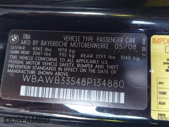 ✅ 2008 BMW 3 Series 328i • VIN: WBAWB33548P134880 • Lot: 43516733. Listed on IAAI with 141,896 mi. Free auction sales archive from the USA and detailed vehicle history report at DreamBid. Image 9.
