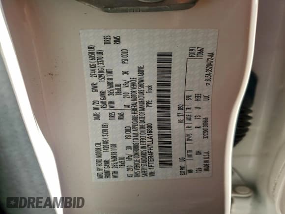 ✅ 2020 Ford Ranger Lariat • VIN: 1FTER4FH7LLA16800 • Lot: 94182395. Wystawiony na Copart z przebiegiem 106 047 mil. Bezpłatny archiwum sprzedaży aukcyjnych z USA i szczegółowy raport historii pojazdu na DreamBid. Zdjęcie 13.