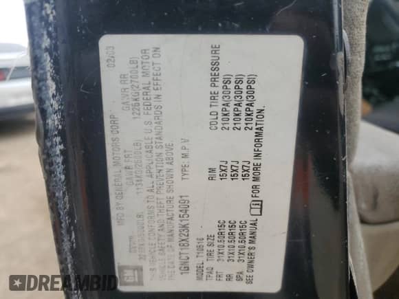 2003 Chevrolet Blazer LS с VIN 1GNCT18X23K154091, выставлен на аукционе Copart как лот 41507405 с пробегом 166 019 миль миль и Списание • Salvage title. История ставок и продаж доступна на DreamBid. Изображение 12.