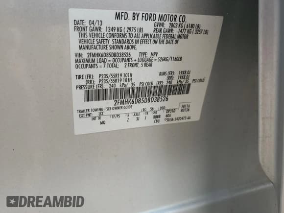 ✅ 2013 Ford Flex Limited • VIN: 2FMHK6D85DBD38526 • Lot: 71176555. Listed on Copart with 146,771 mi. Free auction sales archive from the USA and detailed vehicle history report at DreamBid. Image 13.