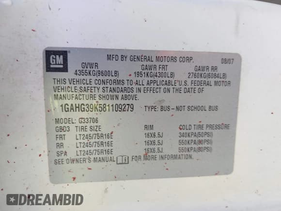 ✅ 2008 Chevrolet Express Passenger • VIN: 1GAHG39K581109279 • Lot: 43638036. Listed on IAAI with Not provided. Free auction sales archive from the USA and detailed vehicle history report at DreamBid. Image 9.