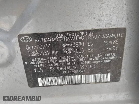 2015 Hyundai Elantra Limited with VIN 5NPDH4AE3FH597460, listed as a IAAI auction lot 42816860 with 102,964 mi miles and . Bid and sale history available at DreamBid. Image 9.