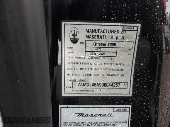 ✅ 2009 Maserati GranTurismo • VIN: ZAMGJ45A990044267 • Lot: 84144674. Listed on Copart with 63,178 mi. Free auction sales archive from the USA and detailed vehicle history report at DreamBid. Image 14.