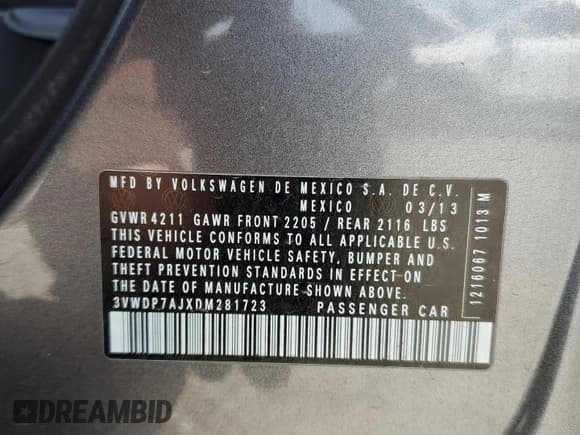 ✅ 2013 Volkswagen Jetta SE • VIN: 3VWDP7AJXDM281723 • Lot: 57235725. Listed on Copart with 128,157 mi. Free auction sales archive from the USA and detailed vehicle history report at DreamBid. Image 12.