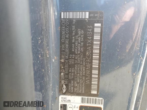 ✅ 2010 MINI Hardtop S • VIN: WMWMF7C50ATX41343 • Lot: 92353855. Listed on Copart with 146,888 mi. Free auction sales archive from the USA and detailed vehicle history report at DreamBid. Image 12.