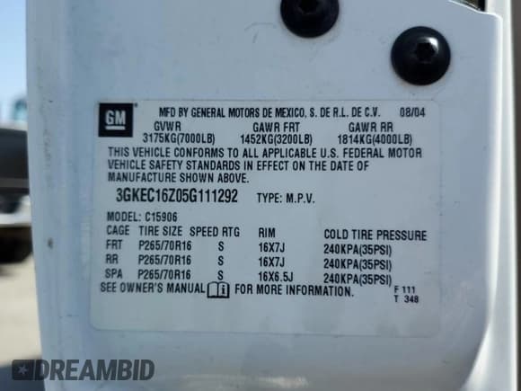 ✅ 2005 GMC Yukon XL SLT • VIN: 3GKEC16Z05G111292 • Lot: 54065225. Listed on Copart with 154,299 mi. Free auction sales archive from the USA and detailed vehicle history report at DreamBid. Image 14.