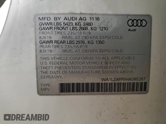 ✅ 2017 Audi Q5 Premium Plus • VIN: WA1L2AFP5HA085287 • Lot: 94518055. Wystawiony na Copart z przebiegiem 68 207 mil. Bezpłatny archiwum sprzedaży aukcyjnych z USA i szczegółowy raport historii pojazdu na DreamBid. Zdjęcie 12.