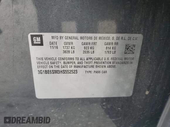 ✅ 2017 Chevrolet Cruze LT • VIN: 3G1BE6SM3HS552523 • Lot: 82500795. Listed on Copart with 120,489 mi. Free auction sales archive from the USA and detailed vehicle history report at DreamBid. Image 12.