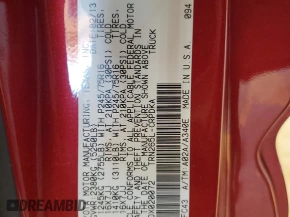 ✅ 2013 Toyota Tacoma PreRunner • VIN: 5TFTX4GN4DX020072 • Lot: 61758025. Listed on Copart with Not provided. Free auction sales archive from the USA and detailed vehicle history report at DreamBid. Image 12.