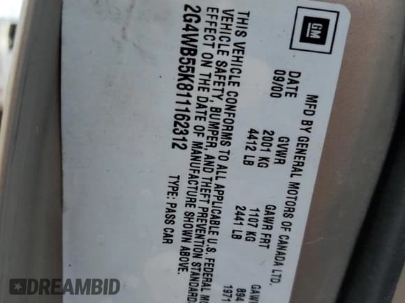 ✅ 2001 Buick Regal LS • VIN: 2G4WB55K811162312 • Lot: 65649715. Listed on Copart with Not provided. Free auction sales archive from the USA and detailed vehicle history report at DreamBid. Image 12.