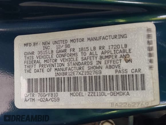 ✅ 1999 Toyota Corolla VE • VIN: 1NXBR12E7XZ192769 • Lot: 41825479. Listed on IAAI with 143,378 mi. Free auction sales archive from the USA and detailed vehicle history report at DreamBid. Image 9.