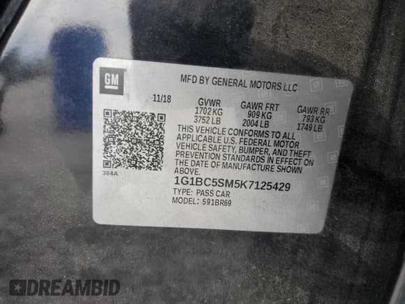 ✅ 2019 Chevrolet Cruze LS • VIN: 1G1BC5SM5K7125429 • Lot: 82071315. Listed on Copart with 41,550 mi. Free auction sales archive from the USA and detailed vehicle history report at DreamBid. Image 12.